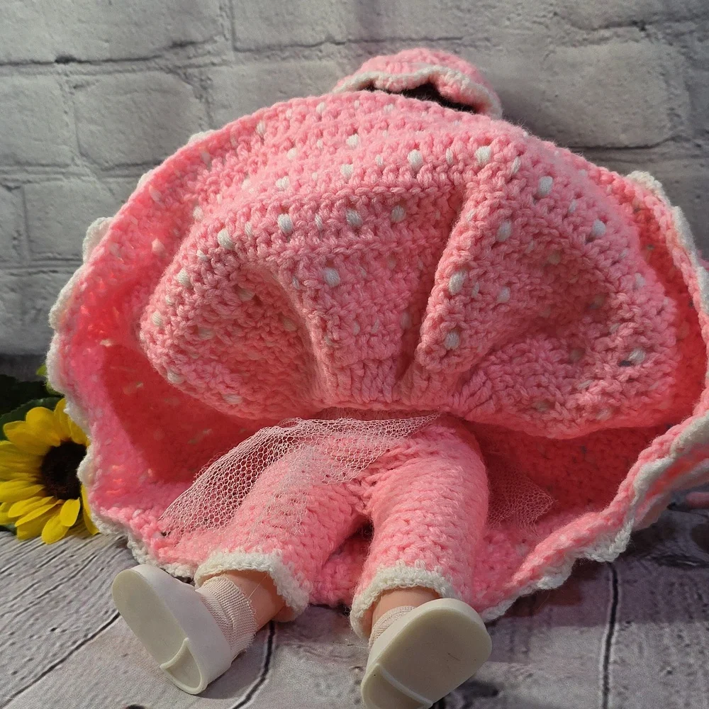 Vintage Angel Doll Brunette Crochet Dress and Accessories Pink White 14